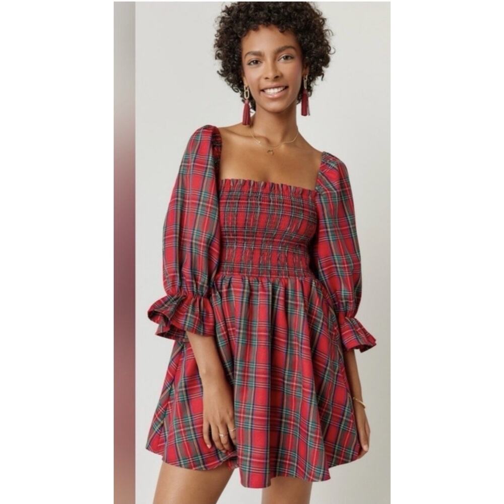 Audrey Parks Francesca's Effie Tartan Plaid Smocked Mini Dress XS NWT $70